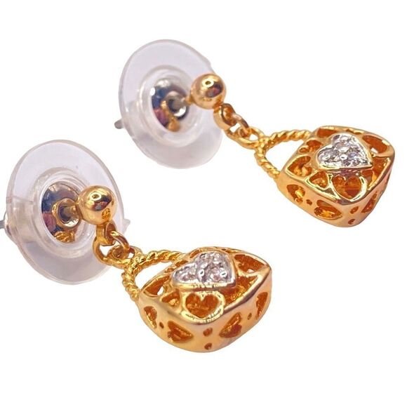 Dainty gold CZ heart purse dangle post earrings - Picture 3 of 4